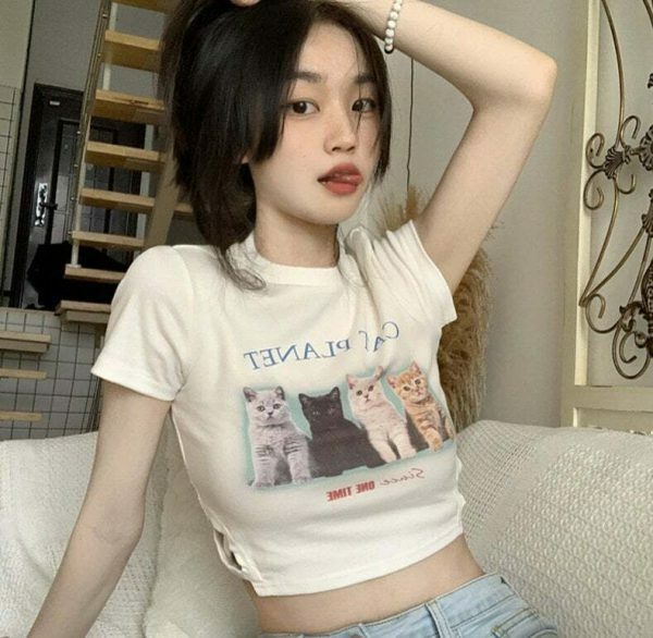 Adorable Y2K Kawaii Cropped Cat Top