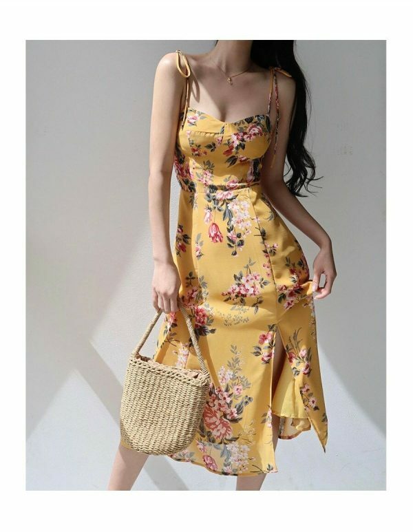 Amber Yellow Floral Midi Dress with Red Flowers - Y2K Streetwear Aesthetic