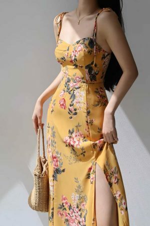 Amber Yellow Floral Midi Dress with Red Flowers - Y2K Streetwear Aesthetic