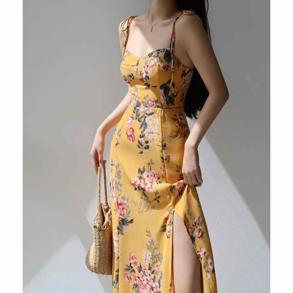 Amber Yellow Floral Midi Dress with Red Flowers - Y2K Streetwear Aesthetic