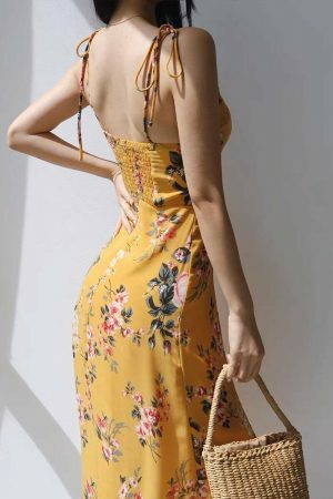 Amber Yellow Floral Midi Dress with Red Flowers - Y2K Streetwear Aesthetic