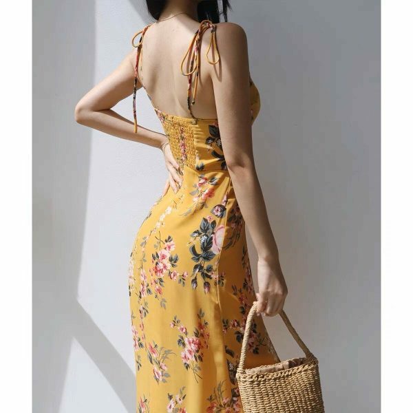 Amber Yellow Floral Midi Dress with Red Flowers - Y2K Streetwear Aesthetic