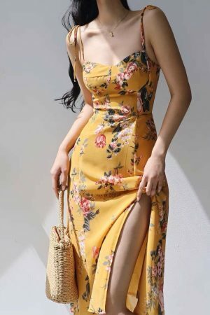 Amber Yellow Floral Midi Dress with Red Flowers - Y2K Streetwear Aesthetic