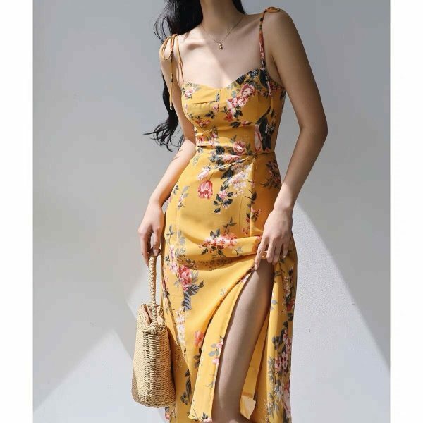 Amber Yellow Floral Midi Dress with Red Flowers - Y2K Streetwear Aesthetic