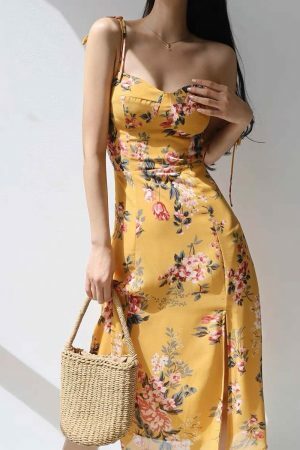 Amber Yellow Floral Midi Dress with Red Flowers - Y2K Streetwear Aesthetic