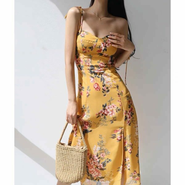 Amber Yellow Floral Midi Dress with Red Flowers - Y2K Streetwear Aesthetic