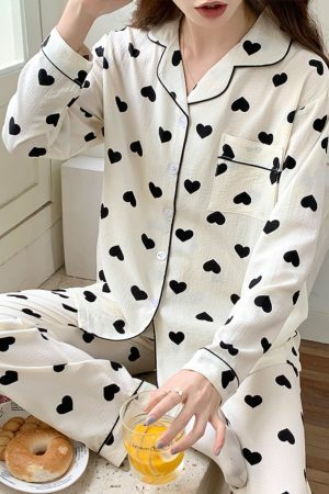 Autumn Heart Print Pajama Set | Bubble Cotton Cardigan | Y2K Casual Home Suit