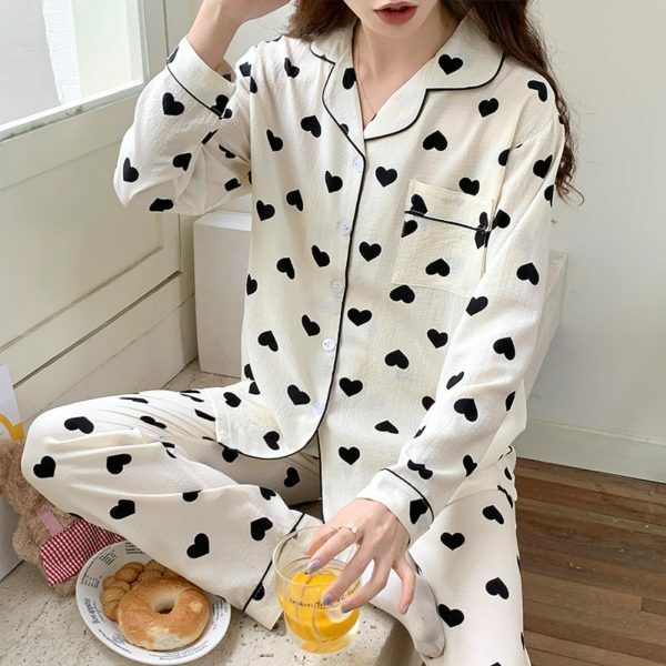 Autumn Heart Print Pajama Set | Bubble Cotton Cardigan | Y2K Casual Home Suit