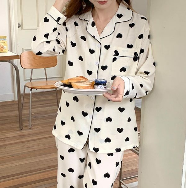 Autumn Heart Print Pajama Set | Bubble Cotton Cardigan | Y2K Casual Home Suit