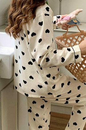 Autumn Heart Print Pajama Set | Bubble Cotton Cardigan | Y2K Casual Home Suit