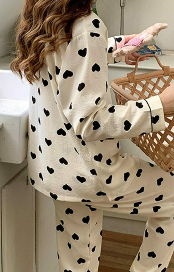 Autumn Heart Print Pajama Set | Bubble Cotton Cardigan | Y2K Casual Home Suit