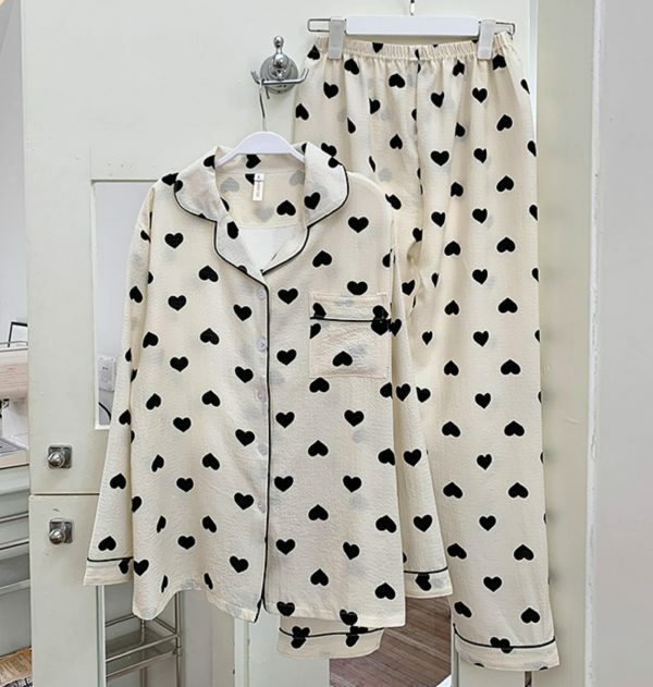 Autumn Heart Print Pajama Set | Bubble Cotton Cardigan | Y2K Casual Home Suit