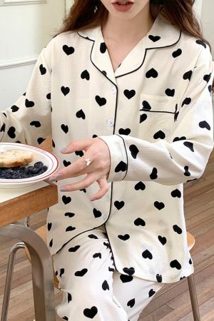 Autumn Heart Print Pajama Set | Bubble Cotton Cardigan | Y2K Casual Home Suit