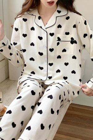 Autumn Heart Print Pajama Set | Bubble Cotton Cardigan | Y2K Casual Home Suit