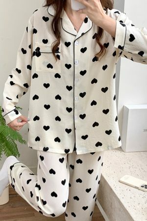 Autumn Heart Print Pajama Set | Bubble Cotton Cardigan | Y2K Casual Home Suit