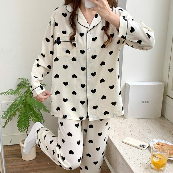 Autumn Heart Print Pajama Set | Bubble Cotton Cardigan | Y2K Casual Home Suit