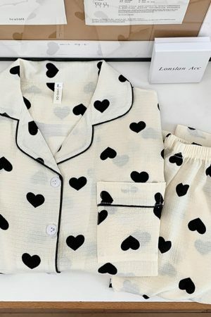 Autumn Heart Print Pajama Set | Bubble Cotton Cardigan | Y2K Casual Home Suit