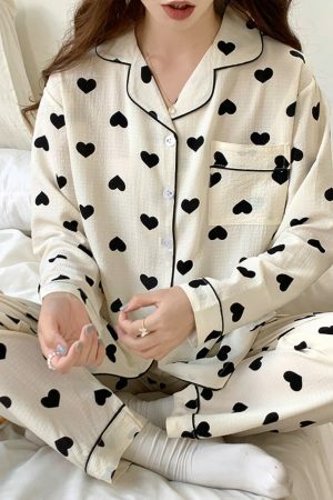 Autumn Heart Print Pajama Set | Bubble Cotton Cardigan | Y2K Casual Home Suit