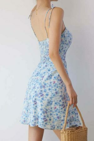 Baby Blue Floral Mini Tie Strap Dress - Y2K Streetwear Aesthetic