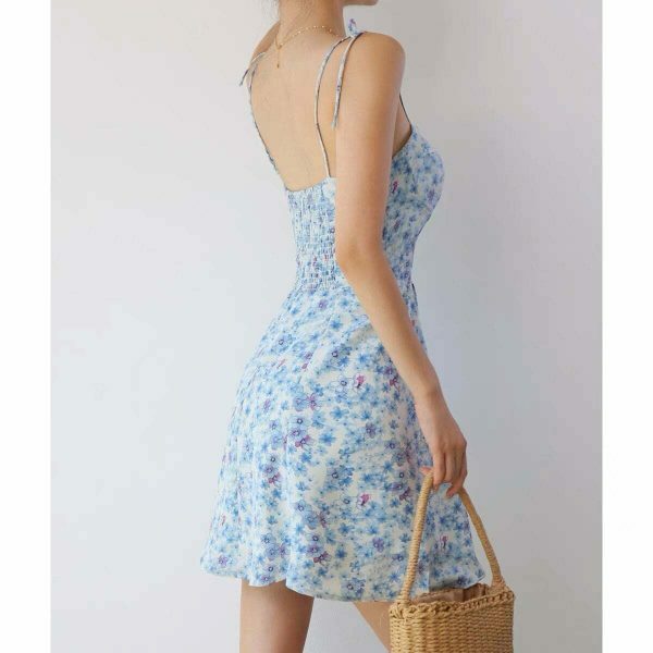 Baby Blue Floral Mini Tie Strap Dress - Y2K Streetwear Aesthetic