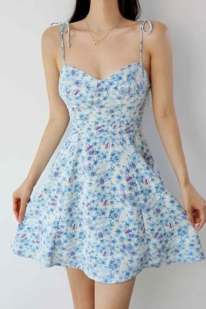 Baby Blue Floral Mini Tie Strap Dress - Y2K Streetwear Aesthetic