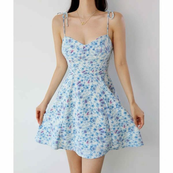 Baby Blue Floral Mini Tie Strap Dress - Y2K Streetwear Aesthetic