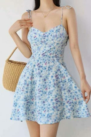 Baby Blue Floral Mini Tie Strap Dress - Y2K Streetwear Aesthetic