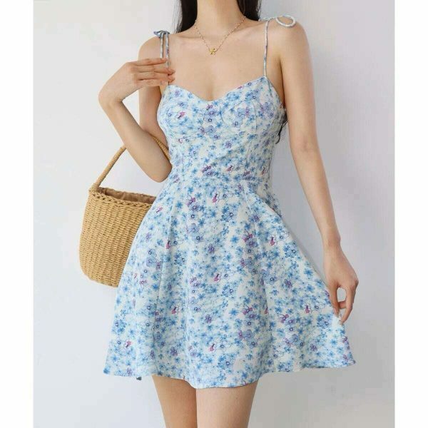 Baby Blue Floral Mini Tie Strap Dress - Y2K Streetwear Aesthetic