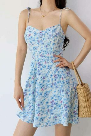 Baby Blue Floral Mini Tie Strap Dress - Y2K Streetwear Aesthetic