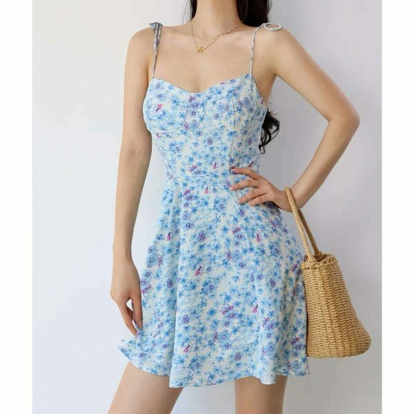 Baby Blue Floral Mini Tie Strap Dress - Y2K Streetwear Aesthetic