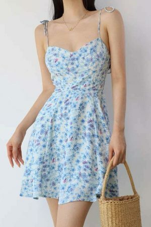 Baby Blue Floral Mini Tie Strap Dress - Y2K Streetwear Aesthetic