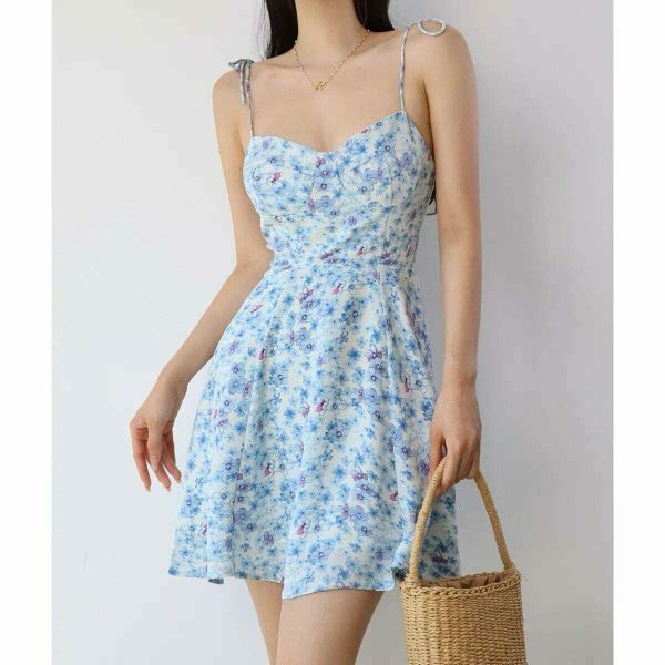 Baby Blue Floral Mini Tie Strap Dress - Y2K Streetwear Aesthetic