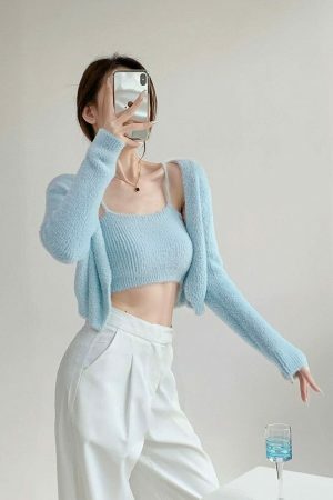 Baby Blue Knit Crop Cardigan Set - Y2K Streetwear Aesthetic