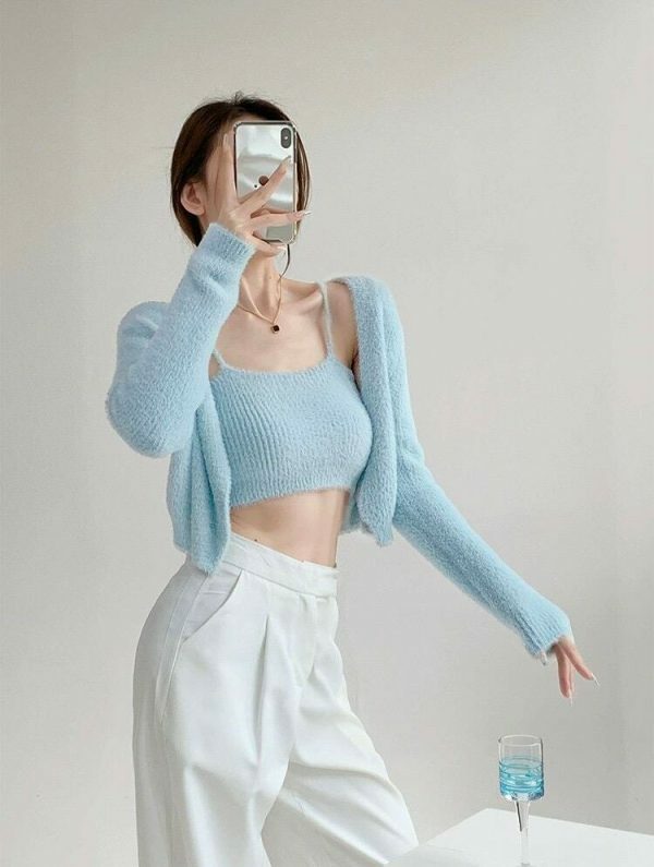 Baby Blue Knit Crop Cardigan Set - Y2K Streetwear Aesthetic