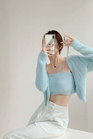 Baby Blue Knit Crop Cardigan Set - Y2K Streetwear Aesthetic