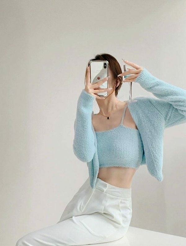 Baby Blue Knit Crop Cardigan Set - Y2K Streetwear Aesthetic