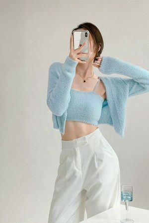 Baby Blue Knit Crop Cardigan Set - Y2K Streetwear Aesthetic