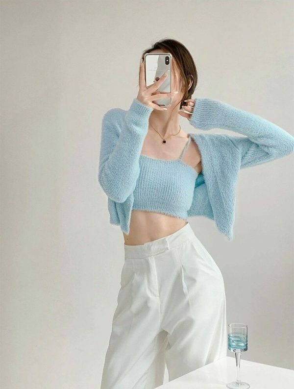 Baby Blue Knit Crop Cardigan Set - Y2K Streetwear Aesthetic