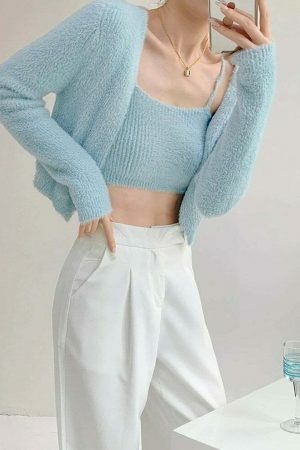 Baby Blue Knit Crop Cardigan Set - Y2K Streetwear Aesthetic