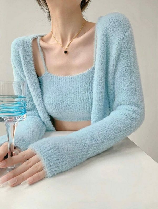 Baby Blue Knit Crop Cardigan Set - Y2K Streetwear Aesthetic