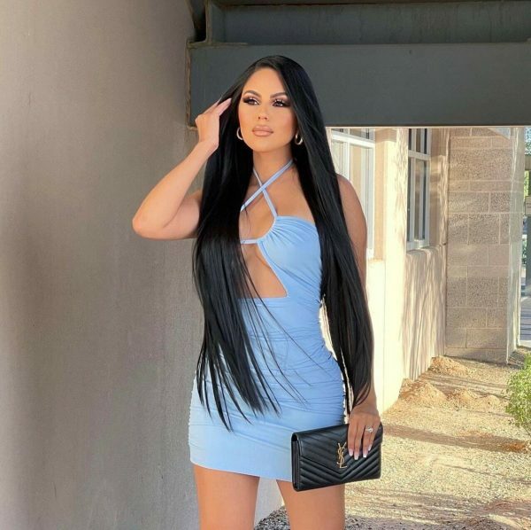 Baby Blue Ruched Triangular Cutout Ribbed Mini Dress