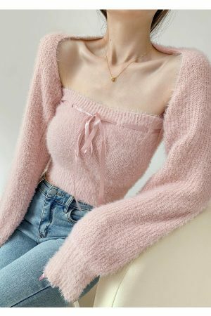 Baby Pink Knit Crop Cardigan Set - Y2K Streetwear Aesthetic