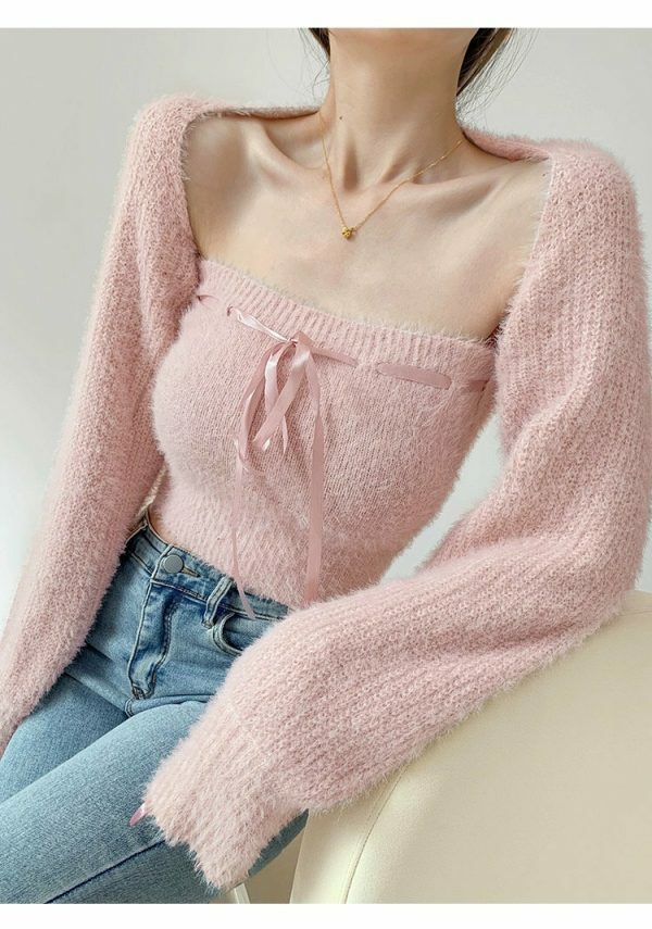 Baby Pink Knit Crop Cardigan Set - Y2K Streetwear Aesthetic