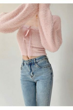 Baby Pink Knit Crop Cardigan Set - Y2K Streetwear Aesthetic