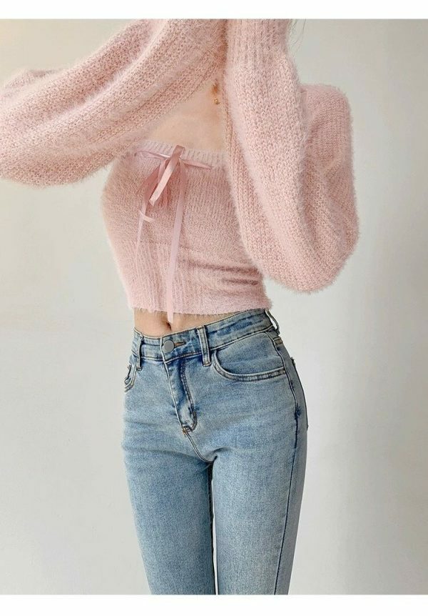 Baby Pink Knit Crop Cardigan Set - Y2K Streetwear Aesthetic