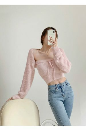 Baby Pink Knit Crop Cardigan Set - Y2K Streetwear Aesthetic