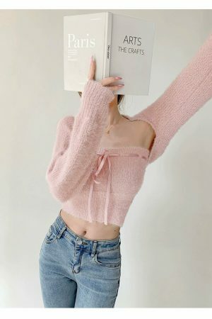 Baby Pink Knit Crop Cardigan Set - Y2K Streetwear Aesthetic