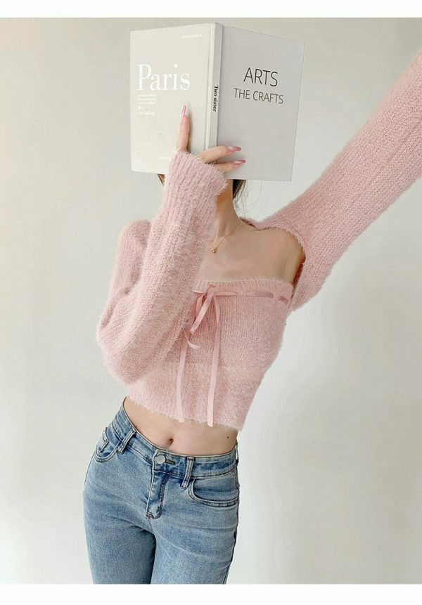 Baby Pink Knit Crop Cardigan Set - Y2K Streetwear Aesthetic