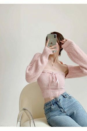 Baby Pink Knit Crop Cardigan Set - Y2K Streetwear Aesthetic