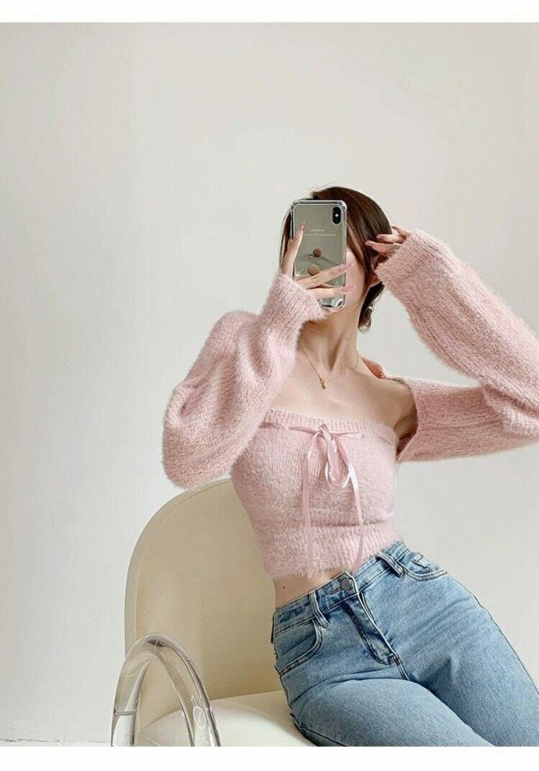 Baby Pink Knit Crop Cardigan Set - Y2K Streetwear Aesthetic